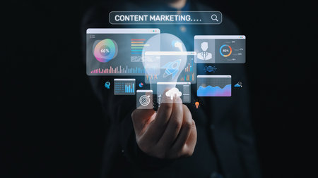 Content marketing interface with data dashboards, analytics charts, and content tools. Marketing...