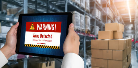Virus warning alert on computer screen detected modish cyber threat , hacker, computer virus and...