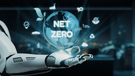 A futuristic robot hand cradles a green globe symbolizing the net zero concept. This image conveys...