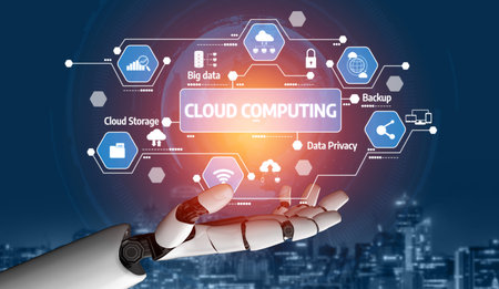 A robotic hand presents a holographic display showcasing cloud computing concepts, emphasizing data...