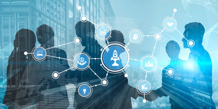 Business professionals participate in a digital collaboration while engaging in a handshake,...
