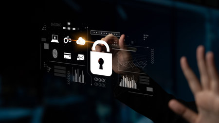 Digital cyber security lock system highlighting data security encryption, cyber password protection,...