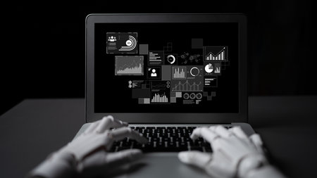 AI interacts with data analytics dashboard, reading trends, improving decisions, and enhancing...