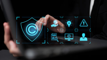 Digital copyright protection system showing secure ownership, intellectual property rights, content...