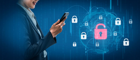 Digital security concept illustrating a cybersecurity breach, with a red unlocked padlock indicating...