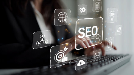 SEO concept for improving SEO visibility, with SEO related digital tools and SEO performance icons...