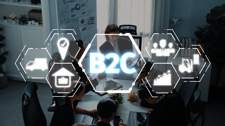 A dynamic scene of a business meeting focused on B2C marketing strategy, showcasing digital elements...