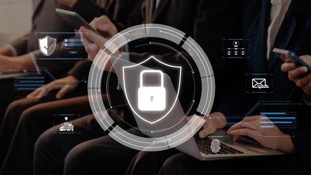 An illustration representing cybersecurity and data protection, featuring a digital lock icon....