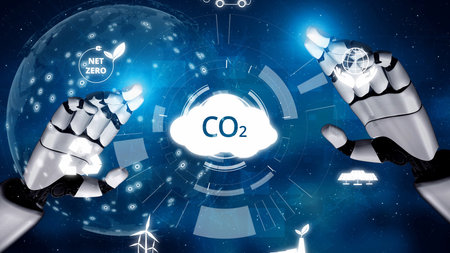 Net zero goals and CO2 reduction strategy driving sustainability, green energy integration, net zero emissions policies, and climate-friendly sustainability solutions for business and society.の写真素材