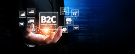 A modern representation of B2C business models with a hand showcasing digital icons, highlighting...