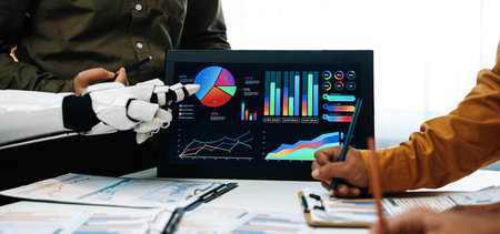 A futuristic business meeting featuring a robotic arm engaging with colorful data visualizations on...