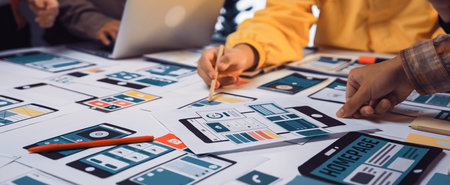 A diverse team collaborates on innovative design concepts for user-friendly mobile applications,...