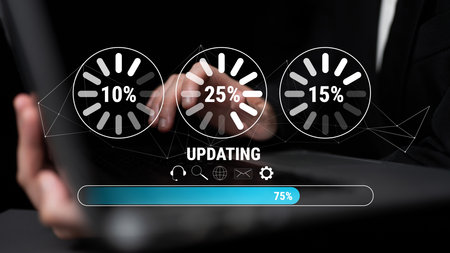 A concept of a system update and software installation. A progress bar and loading icons showing the...