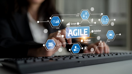 A business professional engages with agile methodologies in a modern office setting, showcasing...