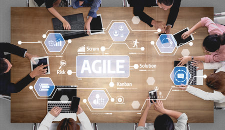 A vibrant meeting scene featuring a diverse team utilizing the Agile methodology with digital...