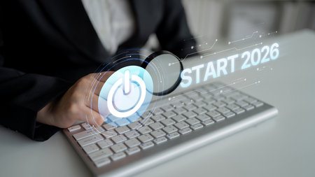 Start concept with futuristic power button symbolizing fresh beginnings, innovation, and digital...