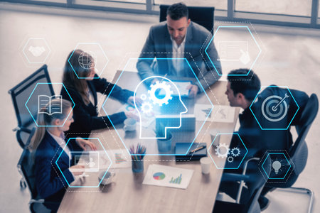Head with gear and icons representing learning, digital training, and development process, showing...