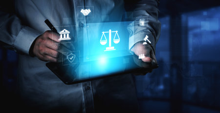 Legal compliance and governance concept showing justice scale, courthouse, contract, policy,...