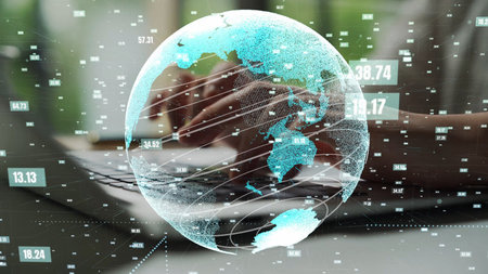 Image depicts a global digital network with a visual representation of Earth, featuring data...