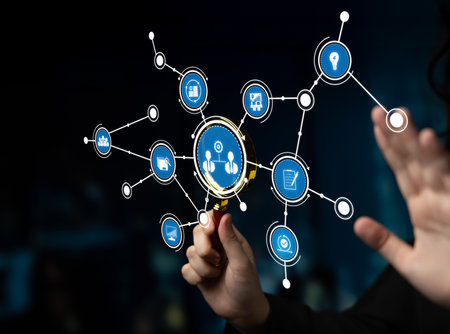A person hand engages with a digital network interface, showcasing multiple connected icons...