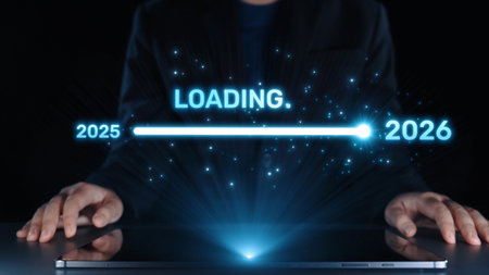 Visualizing the shift from 2025 to 2026. Progress bar symbolizing advancement, strategic foresight,...