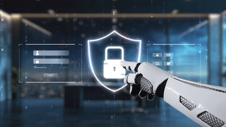 A robotic hand engages with a digital security interface, emphasizing the role of automation in...