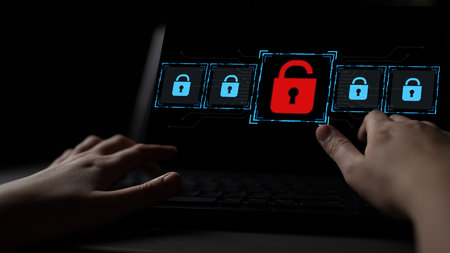 Digital security concept illustrating a cybersecurity breach, with a red unlocked padlock indicating...
