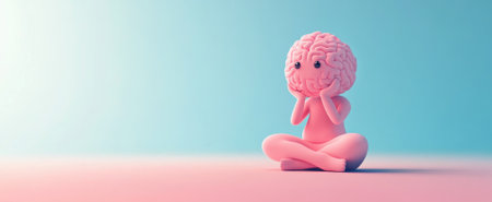 A charming cartoon character with a brain sits in a meditative pose against a soft pink and blue background, embodying creativity and mindfulness.の素材