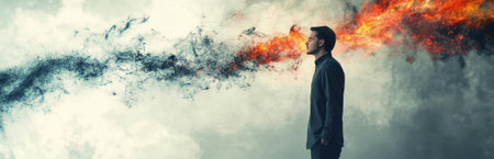 This surreal portrait depicts a man standing in contemplation, with vibrant flames and smoke representing intense emotions emanating from his head, symbolizing creativity and inner conflict.の素材