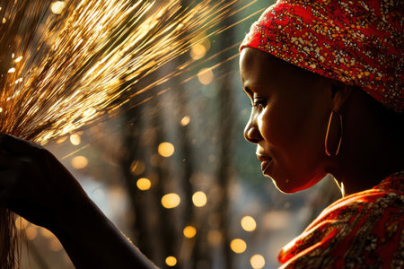 A woman skillfully weaves with glowing natural light surrounding her. The silhouette showcases her dedication and artistry. A captivating moment in traditional craft.の素材