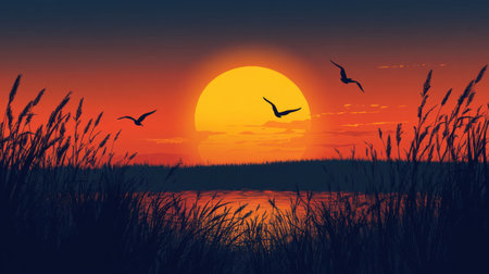 A beautiful sunset paints the sky in warm hues of orange and gold, while silhouetted birds fly over tranquil water. Reeds enhance the peaceful atmosphere.の素材