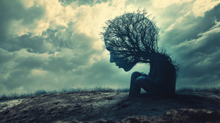This surreal image depicts a figure with a tree-like head, symbolizing emotional struggles and inner conflict. The blend of nature and humanity evokes deep contemplation and creativity.の素材