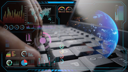 High-tech global network connection interface showing worldwide digital communication, data...