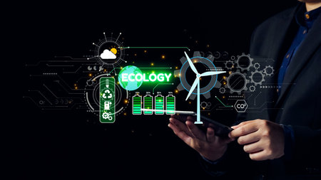 A modern businessman engaging with a smartphone while surrounded by digital icons representing...