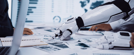 A futuristic robotic arm is seen pointing at detailed analytics reports in a corporate meeting,...