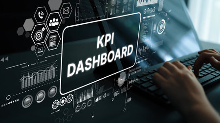 Modern KPI Dashboard with Data Visualizations and Analytics on Laptop Screen. Asymptotic smart data...