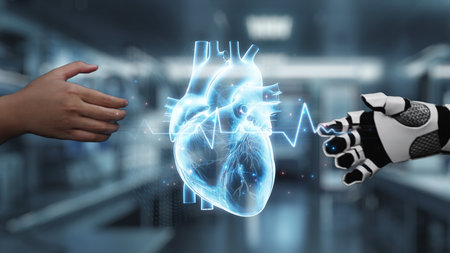Close up of human and white robot hand reaching hand for handshaking with heart holographic floating...