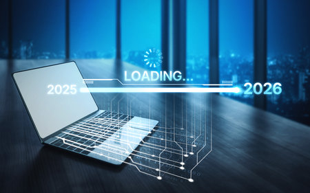 Visualizing the shift from 2025 to 2026. Progress bar symbolizing advancement, strategic foresight,...