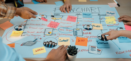 A diverse group engaged in a dynamic brainstorming session, creating a colorful flowchart on paper...