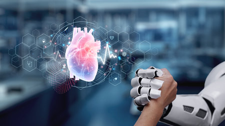 Close up of robot hands and human hands shaking hands with heart hologram. AI and human work...