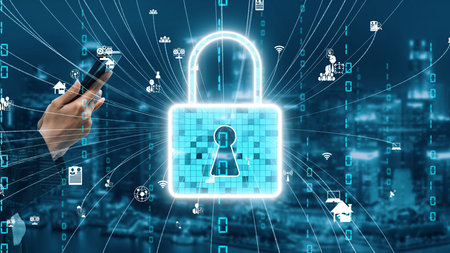 This image depicts a vibrant digital security concept, showcasing a glowing padlock and symbolic...