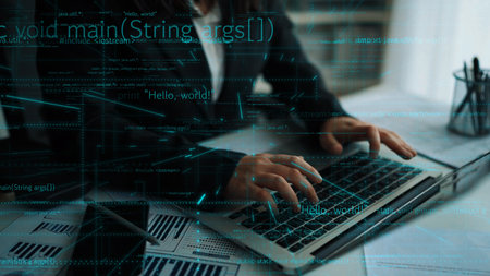 A programmer focuses intently on coding in a modern office setting, with an overlay of code and data...