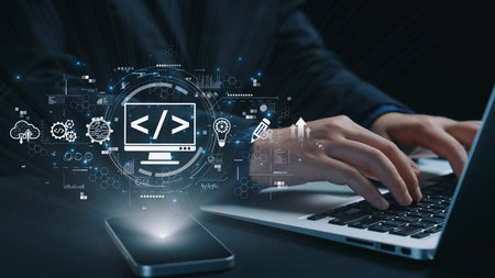 Modern web development concept featuring coding symbols, web development process, web development...