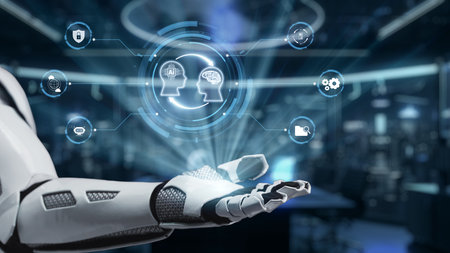 A robotic arm reaches out showcasing a futuristic digital interface with symbols of artificial...