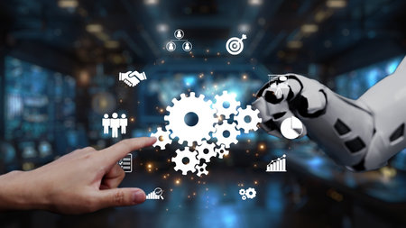 A human hand interacts with robotic technology while digital icons and gears symbolize data analysis...