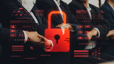 A business meeting scene illustrates the concept of security with a digital lock graphic,...