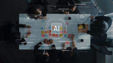 Aerial view of a team brainstorming in a modern office, showcasing AI technology, sticky notes, and...