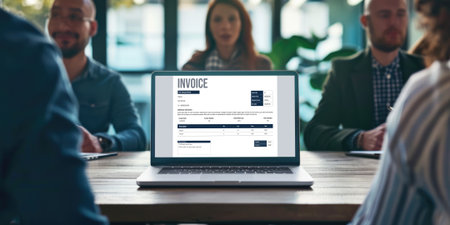 Invoice on computer screen from accounting application. Computer program for financial and budget of corporate business. brisk.の素材