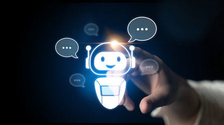AI chatbot virtual assistant interacting with users through AI conversation bubbles, symbolizing AI...