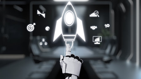 A close-up of a futuristic robotic hand reaching for a rocket icon among various business symbols,...
